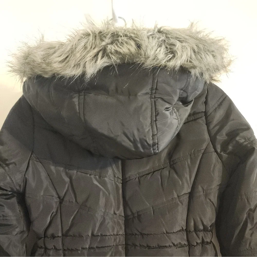 Calvin Klein Girls Hooded Long Puffer Jacket Faux Fur Trim Sz M 8/10